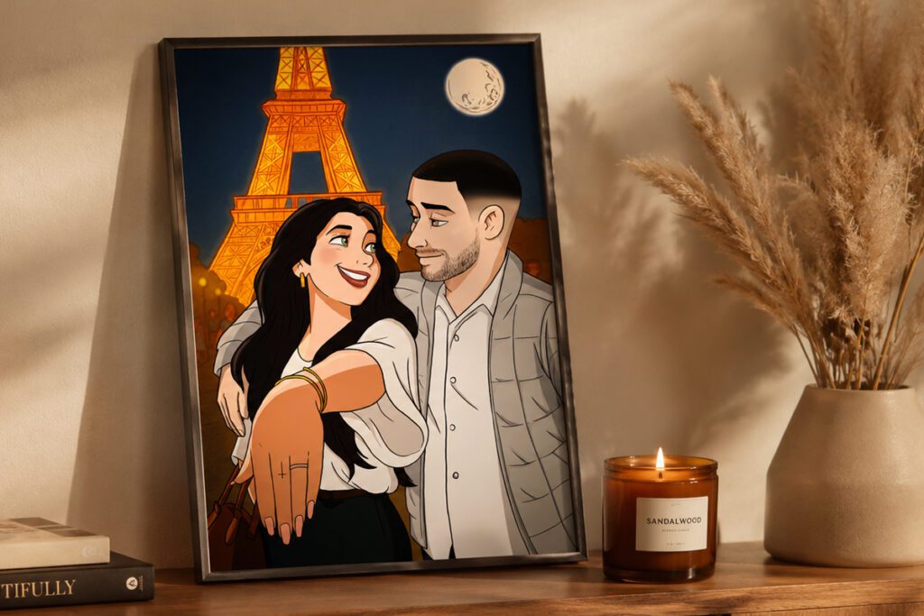 Original digital illustration — couple portrait with Paris Eiffel Tower background
