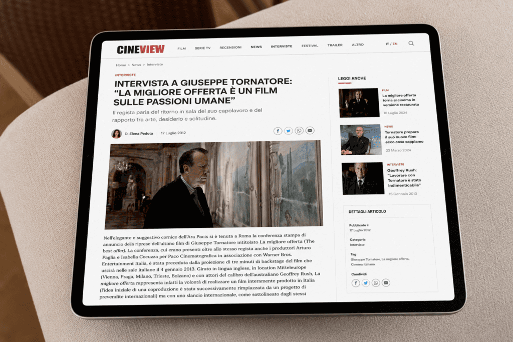 Articolo intervista Giuseppe Tornatore La Migliore Offerta — conferenza stampa Warner Bros 2012